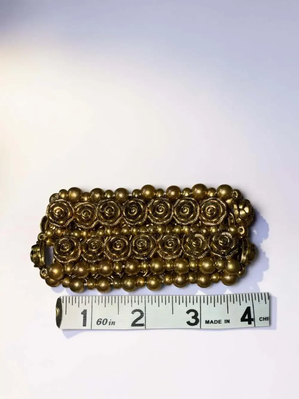 Vintage Chic 3D Metal Rose And Ball Bead Antique Gold Tone Chunk Statement Stret